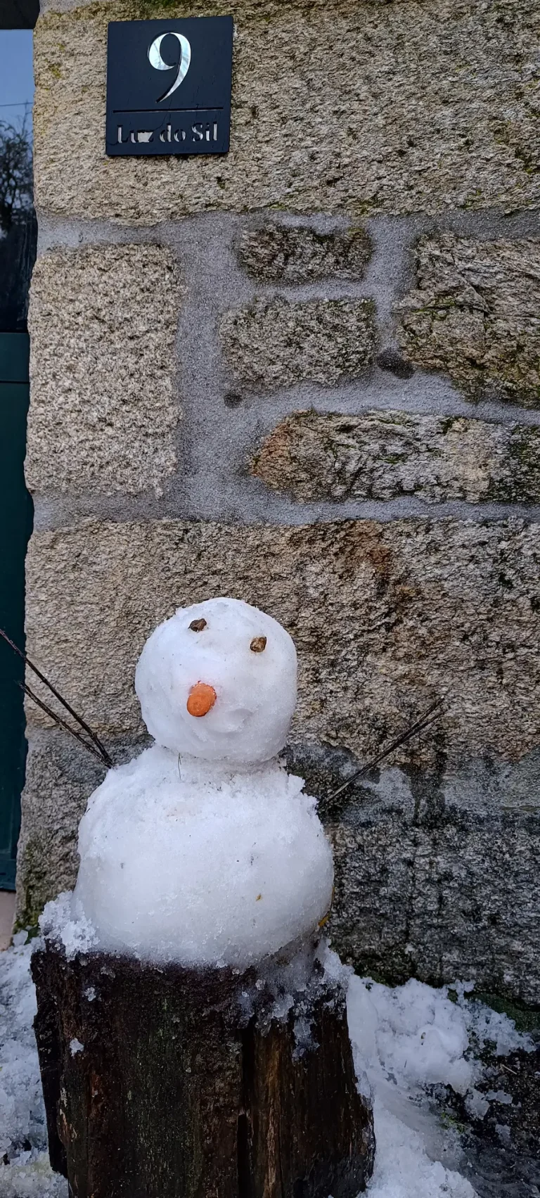 un muñeco de nive en la puerta de la casa